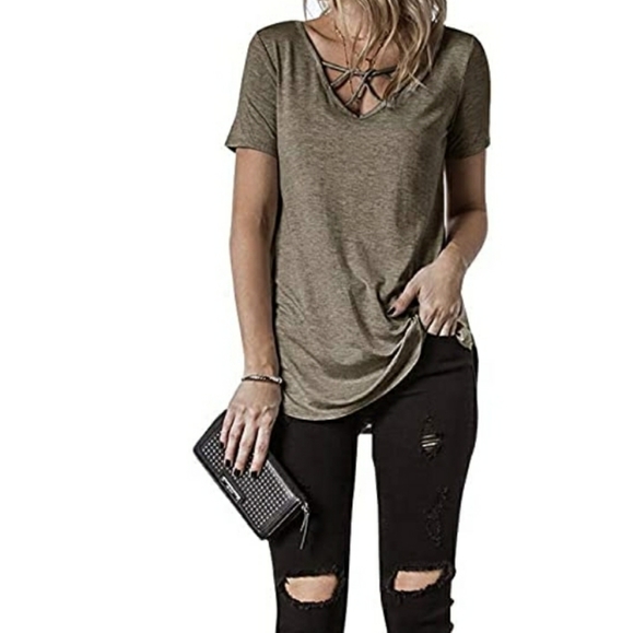 🆕️ Brown~ Short Sleeve Cage Front Tee - Picture 2 of 4